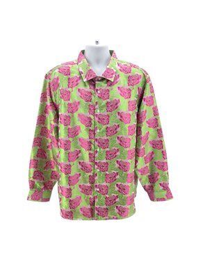 Barry Wang Mens XXL Shirt Silk Roses Floral Metallic Pink Green Button Party
